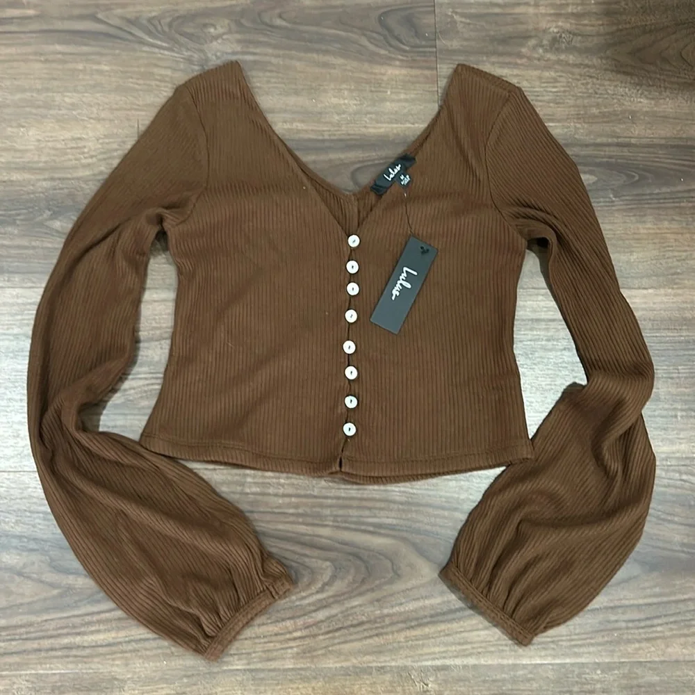 Lulus Chocolate Brown Balloon
Sleeve Button-Up Top - Picture 4 of 6